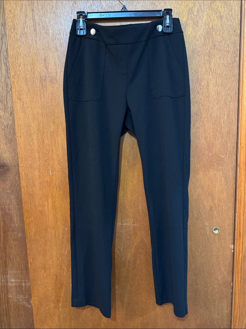 Black Pull-On Straight-Leg Pants with Front Pockets